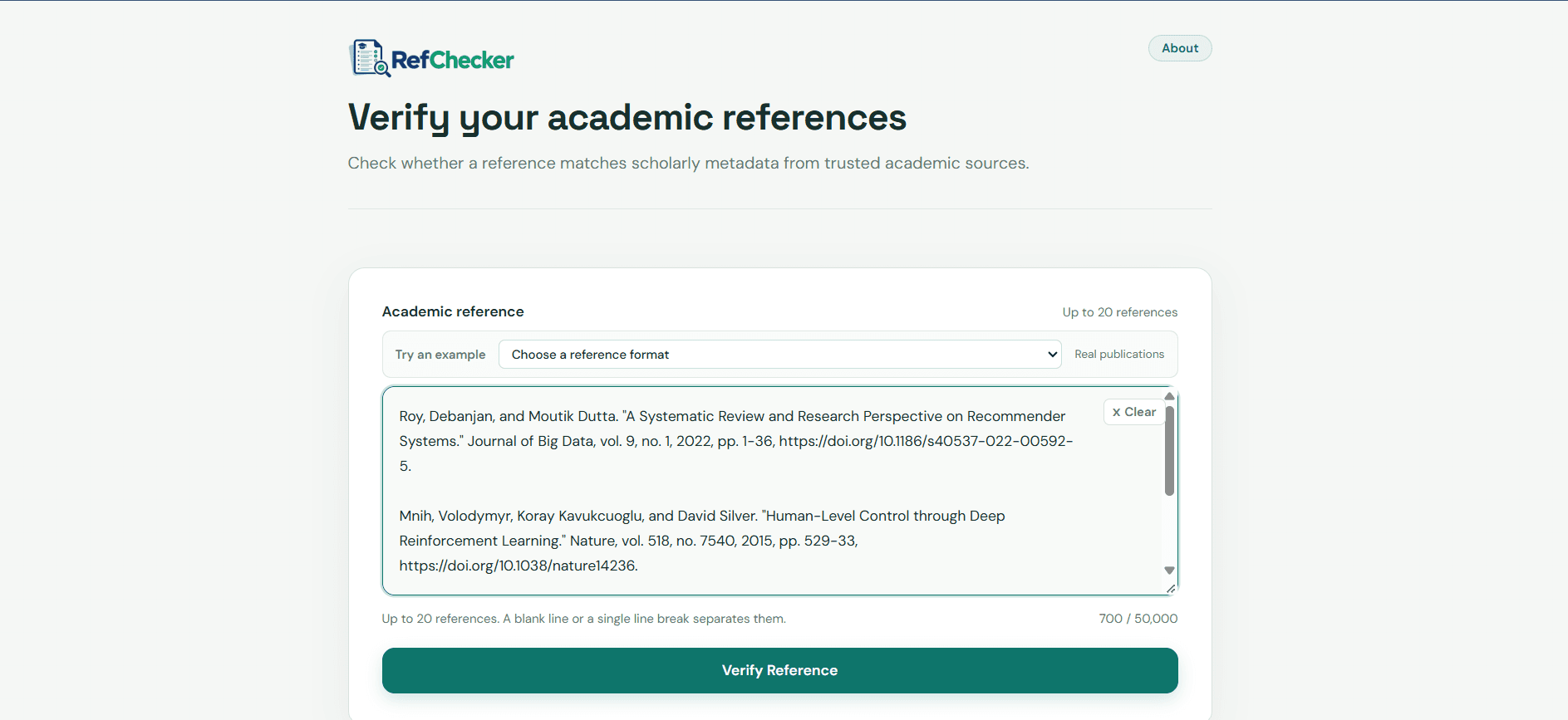 The RefChecker input screen: a textarea holding two pasted references separated by a blank line, a reference-format selector, an example loader, a character counter and the verify button.